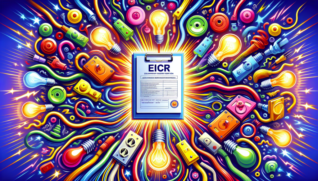 An illustration showing an electrical installation condition report (EICR) document with various electrical components in the background.